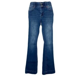 Stylish Dark Blue Flare Stretch Tummy Control Womens Mid Rise Jeans